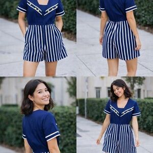 Vintage Navy Sailor Romper| Nautical Stripe Shorts | Star Button Detail | Sz 10